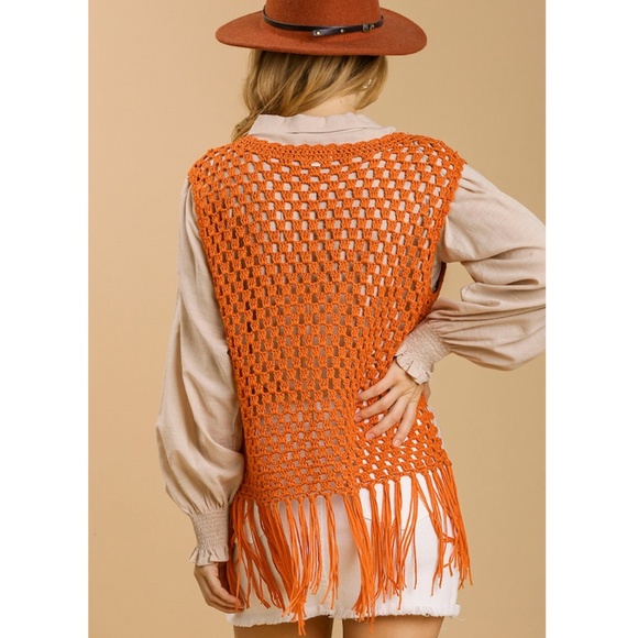 "The Alisha" Orange Crochet Vest with Fringe - Picture 2 of 3